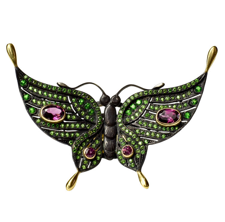 Chromium Diopside and Rhodolite Garnet Black Butterfly Ring