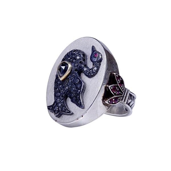 Black Diamond Swan Ring in Silver
