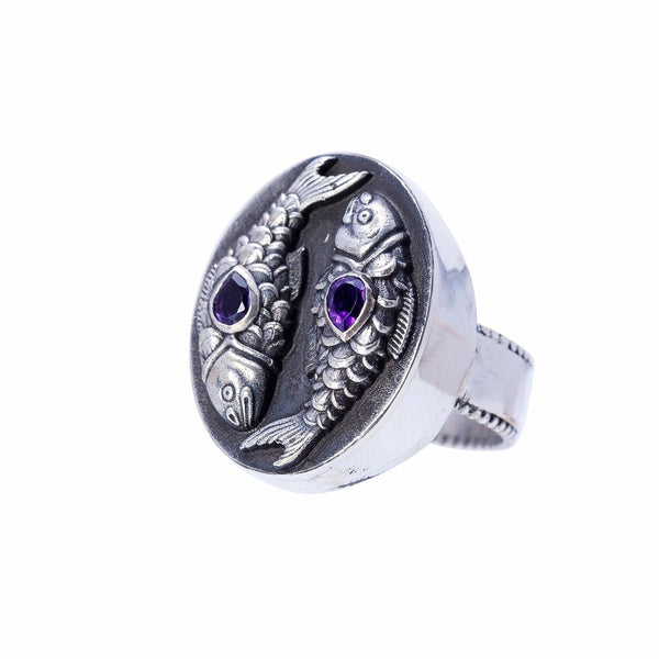Pisces Ring with Amethyst Gemstones